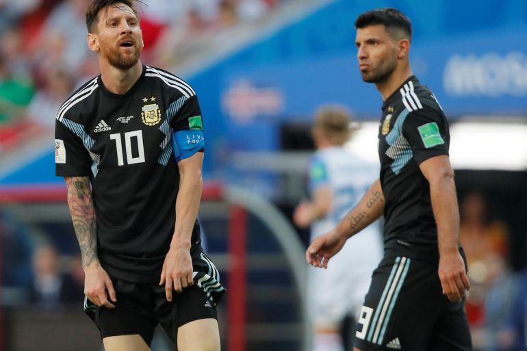 Soccer Football - World Cup - Group D - Argentina vs Iceland - Spartak Stadium, Moscow, Russia - June 16, 2018 Argentina's Lionel Messi reacts as Sergio Aguero looks on REUTERS/Maxim Shemetov