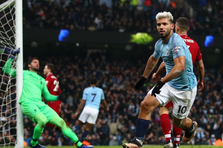MANCHESTER, ENGLAND - JANUARY 03: Sergio Aguero of Manchester City celebrates after scoring his team's first goal during the Premier League match between Manchester City and Liverpool FC at the Etihad Stadium on January 3, 2019 in Manchester, United Kingdom. (Photo by Clive Brunskill/Getty Images)