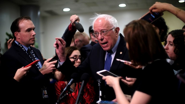 U.S. Senator Bernie Sanders (I-VT) speaks to reporters after being briefed on Iran by the Secretary of State and acting Defense Secretary on Capitol Hill in Washington, U.S., May 21, 2019. REUTERS/James Lawler Duggan