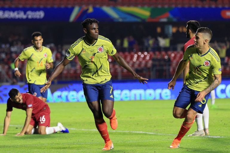SAO PAULO, BRAZIL - JUNE 19: Duvan Zapata of Colombia celebrates after scoring the opening goal during the Copa America Brazil 2019 group B match between Colombia and Qatar at Morumbi Stadium on June 19, 2019 in Sao Paulo, Brazil. (Photo by Buda Mendes/Getty Images)