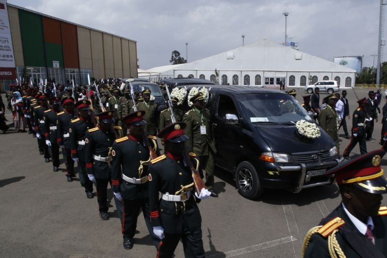 Ethiopia bids farewell to slain chief of staff- - ADDIS ABABA,ETHIOPIA - JUNE 25: A funeral ceremony held at Millenium Hall for Ethiopian Army Chief of Staff General Sea’re Mekonnen and retired major general Geza’e Aberra in Addis Ababa, Ethiopia on June 25, 2019. The generals were shot dead by Sea’re’s bodyguard at his own home in Addis Ababa late on Saturday just hours after an attempt to overthrow the Amhara state government in the city of Bahir Dar, 500 kilometers n