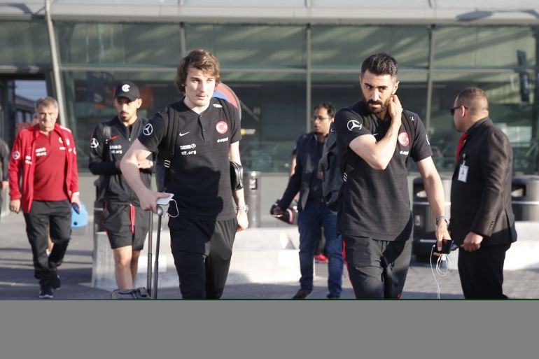 Turkish National Football Team in Iceland- - REYKJAVIK, ICELAND - JUNE 9: Caglar Soyuncu (L) and Mahmut Tekdemir (R) of Turkish National Football Team arrives in Keflavik Airport, in Reykjavik, Iceland on June 9, 2019 ahead of UEFA Euro 2020 European Championship Qualifiers Group H match between Iceland and Turkey.