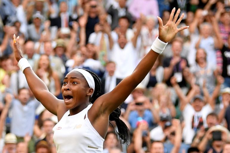 Tennis - Wimbledon - All England Lawn Tennis and Croquet Club, London, Britain - July 5, 2019 Cori Gauff of the U.S. celebrates winning her third round match against Slovenia's Polona Hercog REUTERS/Toby Melville