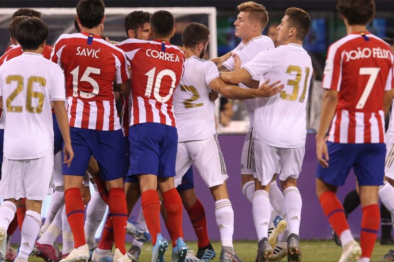 Jul 26, 2019; East Rutherford, NJ, USA; A fight breaks out between Real Madrid and Atletico de Madrid during the second half of an International Champions Cup soccer series match at MetLife Stadium. Mandatory Credit: Brad Penner-USA TODAY Sports