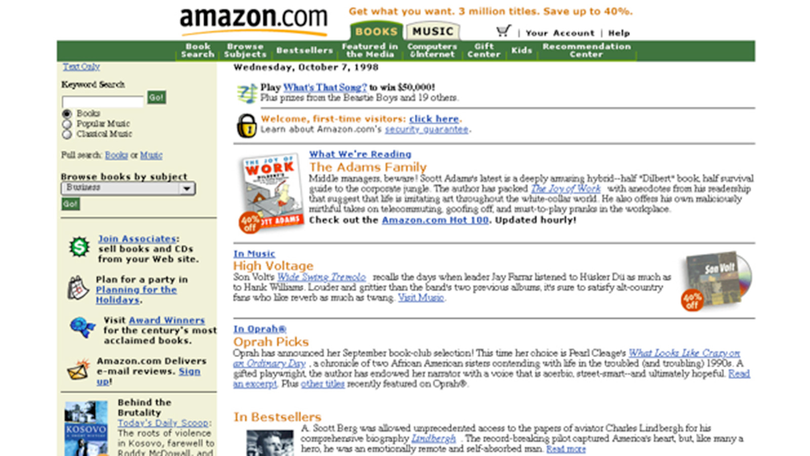 ‪موقع أمازون بعد إضافة قسم الموسيقى إلى جانب الكتب عام 1998‬ (موقع النسخة الأولى)