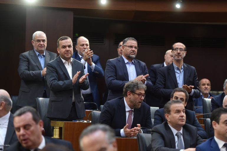 Members of Hezbollah parliamentary bloc gesture after Nabih Berri is re-elected as Lebanon's parliamentary speaker, as Lebanon's newly elected parliament convenes for the first time to elect a speaker and deputy speaker in Beirut, Lebanon May 23, 2018. Lebanese Parliament/Handout via REUTERS ATTENTION EDITORS - THIS IMAGE WAS PROVIDED BY A THIRD PARTY