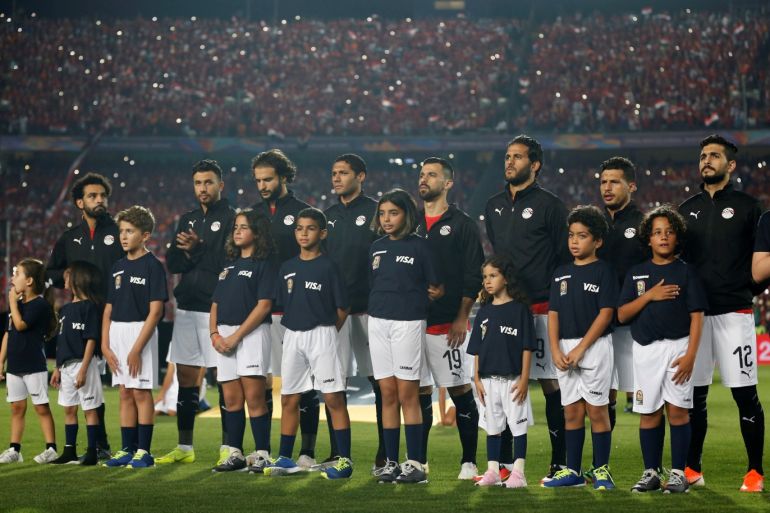 Soccer Football - Africa Cup of Nations 2019 - Round of 16 - Egypt v South Africa - Cairo International Stadium, Cairo, Egypt - July 6, 2019 Egypt players line up before the match REUTERS/Amr Abdallah Dalsh