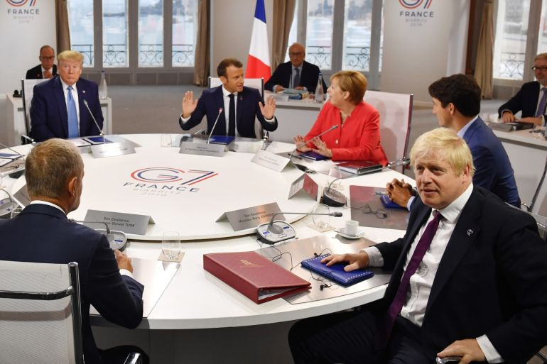 BIARRITZ, FRANCE - AUGUST 25: Britain's Prime Minister Boris Johnson attends the first working session of the G7 Summit on August 25, 2019 in Biarritz, France. The French southwestern seaside resort of Biarritz is hosting the 45th G7 summit from August 24 to 26. High on the agenda will be the climate emergency, the US-China trade war, Britain's departure from the EU, and emergency talks on the Amazon wildfire crisis. (Photo by Jeff J Mitchell - Pool /Getty Images)