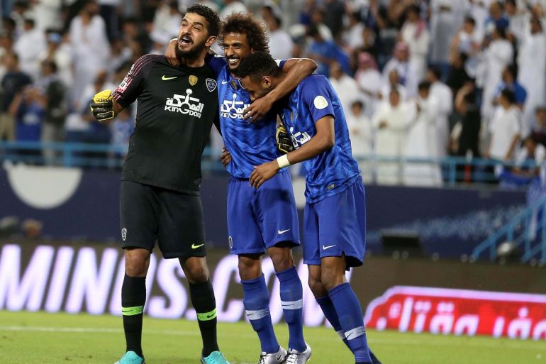 epa07577147 Al-Hilal players celebrate after scoring a goal during the Saudi Professional League soccer matchÂ between Al-HilalÂ and Al-Shabab at King Saud University Stadium, Riyadh, Saudi Arabia, 16 May 2019. EPA-EFE/Ahmed Yosri