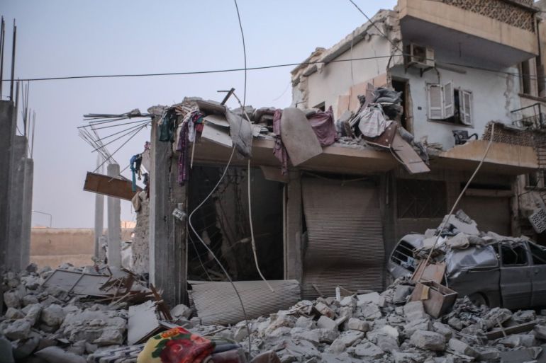 Syrian regime attacks in Idlib- - IDLIB, SYRIA - AUGUST 28: Damaged buildings in a residential area after Assad Regime forces carried out airstrikes over Maarrat al-Nu'man district of Idlib, Syria on August 28, 2019. The regime’s airstrikes in Idlib’s Maarat Al-Numan killed 10 civilians in all and at least 23 others were injured.