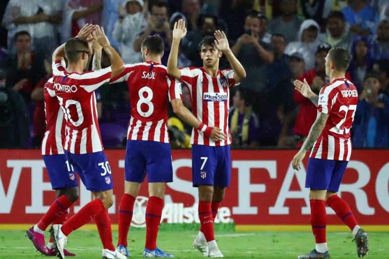 Jul 31, 2019; Orlando, FL, USA; Atletico Madrid forward Joao Felix (7) celebrates with teammates after scoring a goal against the MLS All Star Team in the second half during the 2019 MLS All Star Game at Exploria Stadium. Mandatory Credit: Kim Klement-USA TODAY Sports