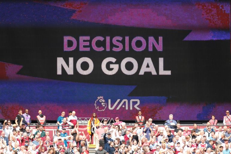 Soccer Football - Premier League - West Ham United v Manchester City - London Stadium, London, Britain - August 10, 2019 A scoreboard displays the VAR decision to disallow a goal scored by Manchester City's Gabriel Jesus Action Images via Reuters/John Sibley EDITORIAL USE ONLY. No use with unauthorized audio, video, data, fixture lists, club/league logos or
