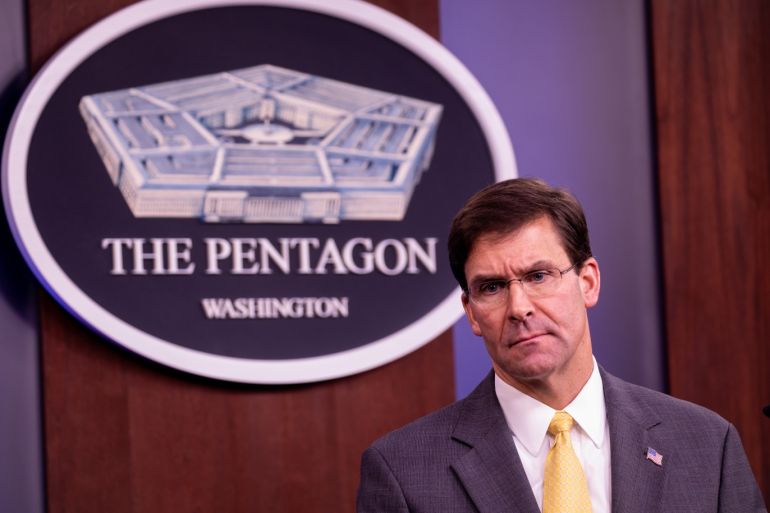 Mark Esper - Joseph Dunford joint press conference- - WASHINGTON, USA - AUGUST 28: U.S. Secretary of Defense Mark Esper makes a speech during the joint press conference with U.S. Joint Chiefs of Staff Chairman General Joseph Dunford (not seen) at the Pentagon in Washington, United States on August 28, 2019.