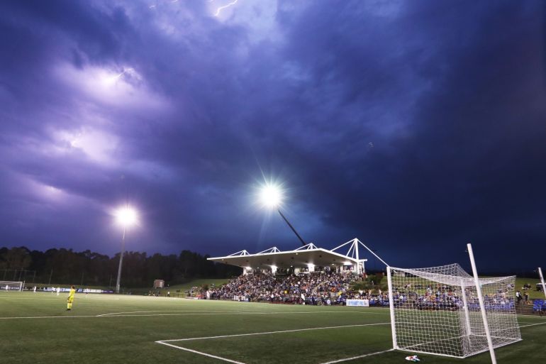 SYDNEY, AUSTRALIA - DECEMBER 13: A general view as lightning strikes during the round seven W-League match between Sydney FC and Adelaide United at Cromer Park on December 13, 2018 in Sydney, Australia. (Photo by Matt King/Getty Images)