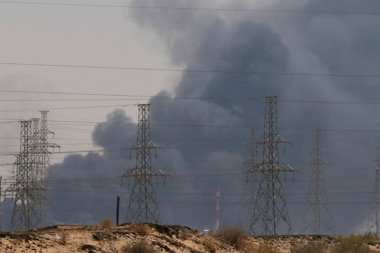 Smoke is seen following a fire at an Aramco factory in Abqaiq, Saudi Arabia, September 14, 2019. REUTERS/Stringer