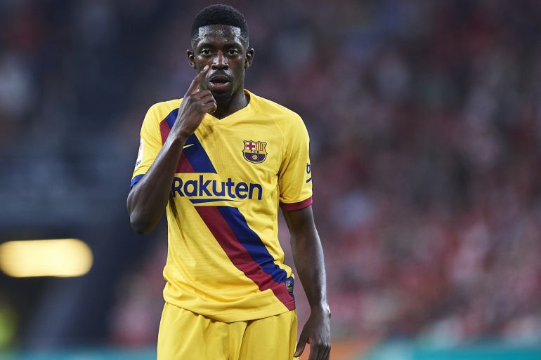 BILBAO, SPAIN - AUGUST 16: Ousmane Dembele of FC Barcelona looks on during the Liga match between Athletic Club and FC Barcelona at San Mames Stadium on August 16, 2019 in Bilbao, Spain. (Photo by Juan Manuel Serrano Arce/Getty Images)