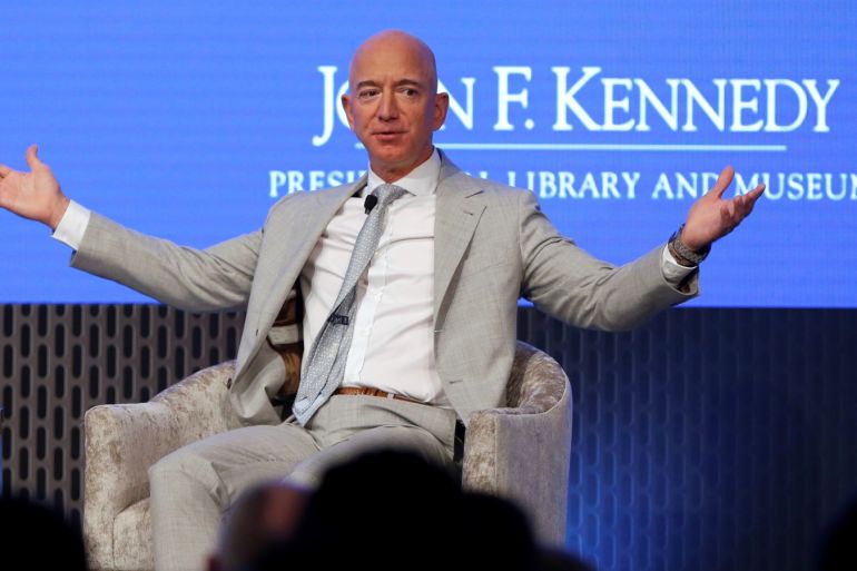 Jeff Bezos, founder of Amazon and Blue Origin speaks  during the JFK Space Summit, celebrating the 50th anniversary of the moon landing, at the John F. Kennedy Library in Boston, Massachusetts, U.S., June 19, 2019.  REUTERS/Katherine Taylor