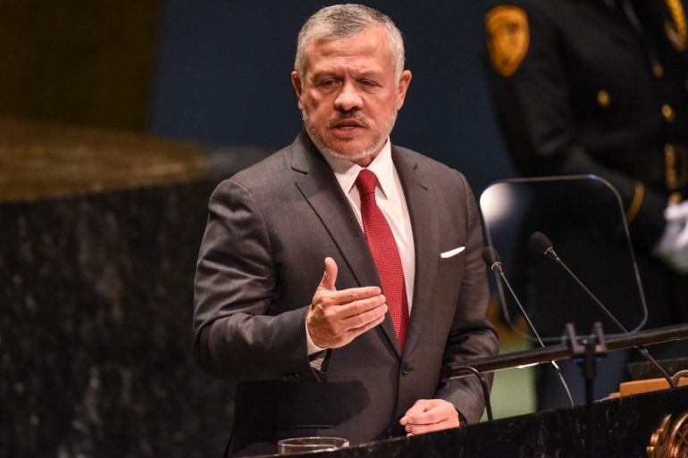 NEW YORK, NY - SEPTEMBER 24: King Abdullah II bin Al Hussein of Jordan speaks at the United Nations (U.N.) General Assembly on September 24, 2019 in New York City. World leaders are gathered for the 74th session of the UN amid a warning by Secretary-General Antonio Guterres in his address yesterday of the looming risk of a world splitting between the two largest economies - the U.S. and China.   Stephanie Keith/Getty Images/AFP== FOR NEWSPAPERS, INTERNET, TELCOS & TELEVISION USE ONLY ==