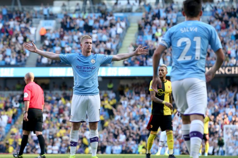 MANCHESTER, ENGLAND - SEPTEMBER 21: Kevin De Bruyne of Manchester City (17) celebrates as he scores his team's eighth goal during the Premier League match between Manchester City and Watford FC at Etihad Stadium on September 21, 2019 in Manchester, United Kingdom. (Photo by Jan Kruger/Getty Images)