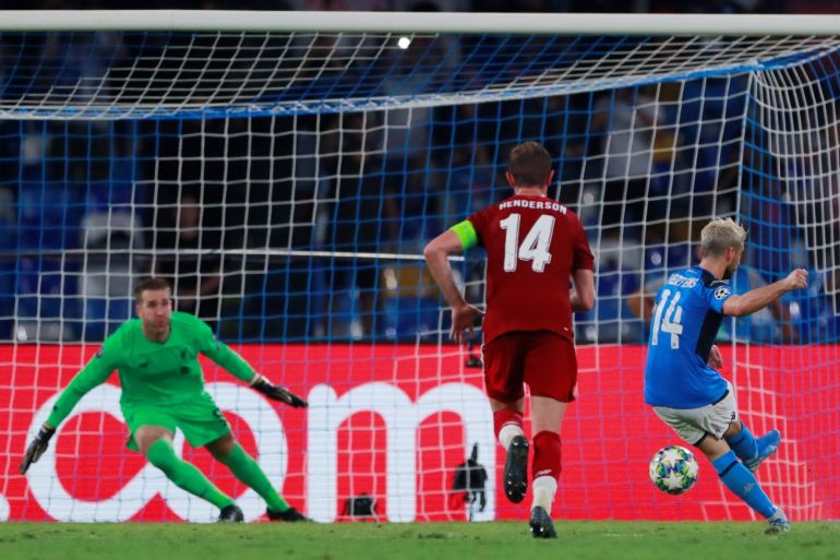 Soccer Football - Champions League - Group E - Napoli v Liverpool - Stadio San Paolo, Naples, Italy - September 17, 2019 Napoli's Dries Mertens scores their first goal from a penalty Action Images via Reuters/Andrew Couldridge