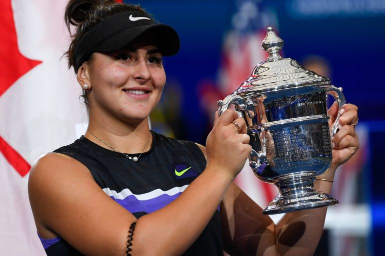 Sept 7, 2019; Flushing, NY, USA; Bianca Andreescu of Canada poses with the championship trophy after defeating Serena Williams of the United States in the women’s singles final on day thirteen of the 2019 U.S. Open tennis tournament at USTA Billie Jean King National Tennis Center. Mandatory Credit: Robert Deutsch-USA TODAY Sports