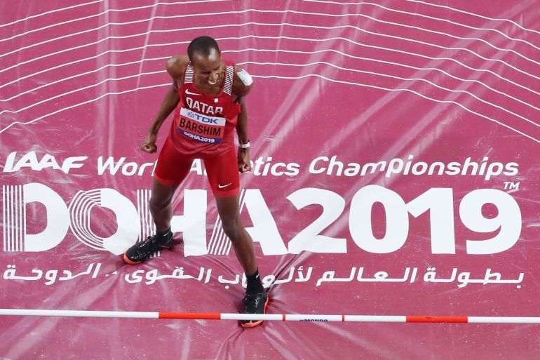 DOHA, QATAR - OCTOBER 04: Mutaz Essa Barshim of Qatar reacts as he competes in the Men's High Jump final during day eight of 17th IAAF World Athletics Championships Doha 2019 at Khalifa International Stadium on October 04, 2019 in Doha, Qatar. (Photo by Richard Heathcote/Getty Images)