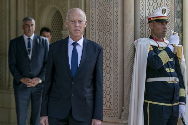 Tunisia's new President Kais Saied at the Palace of Carthage- - TUNIS, TUNISIA - OCTOBER 23: Newly-elected Tunisian President Kais Saied is welcomed with a military ceremony at the Palace of Carthage in Tunis, Tunisia on October 23, 2019 after taking oath at the parliament. Independent candidate Kais Saied was on Monday declared the winner of Tunisia's presidential election.
