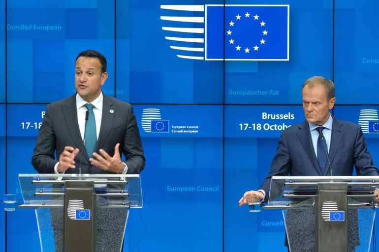 BRUSSELS, BELGIUM - OCTOBER 17: Ireland's Prime Minister Leo Varadkar and European Council President Donald Tusk give statements to the media as EU member states agreed on the agreement during the summit of European Union leaders on October 17, 2019 in Brussels, Belgium. Officials announced earlier in the day that EU and UK negotiators have reached an agreement on the United Kingdom’s departure from the EU. (Photo by Sean Gallup/Getty Images)