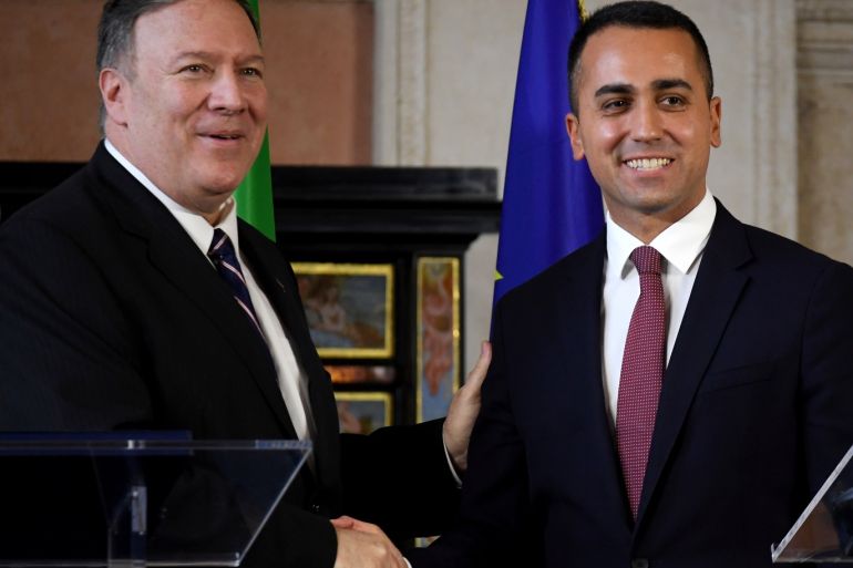 U.S. Secretary of State Mike Pompeo shakes hands with Italian Foreign Minister Luigi di Maio during a news conference in Rome, Italy, October 2, 2019. REUTERS/Alberto Lingria