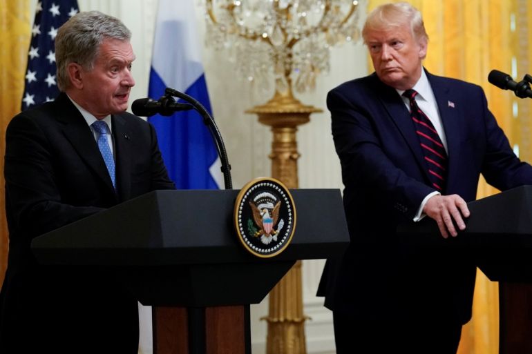 U.S. President Donald Trump listens as Finland's President Sauli Niinisto answers a question during a joint news conference at the White House in Washington, U.S., October 2, 2019. REUTERS/Kevin Lamarque