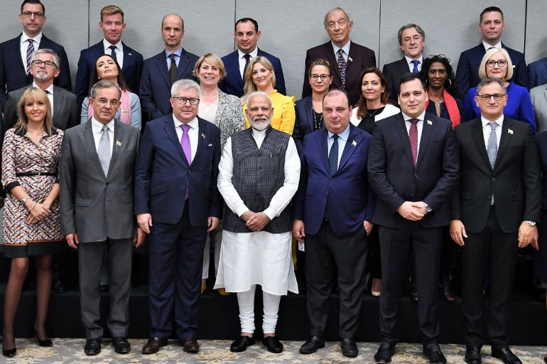 India's Prime Minister Narendra Modi poses for a picture with a delegation of members of the European Parliament after their meeting in New Delhi, India, October 28, 2019. India's Press Information Bureau/Handout via REUTERS ATTENTION EDITORS - THIS IMAGE WAS PROVIDED BY A THIRD PARTY. NO RESALES. NO ARCHIVES.