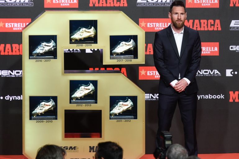 Lionel Messi wins sixth Golden Shoe award- - BARCELONA, SPAIN - OCTOBER 16: Barcelona's Argentinian forward Lionel Messi poses with the sixth European Golden Boot awards after receiving the 2019 European Golden Shoe honouring the year's leading goalscorer during the Golden Shoe Award Ceremony at Antiga Fabrica Estrella Damm on October 16, 2019 in Barcelona, Spain.