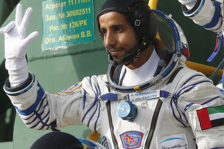 epa07868358 Member of the International Space Station (ISS) expedition 61/62, UAE astronaut Hazza Al Mansouri board the Soyuz MS-15 spacecraft for the launch at the Baikonur Cosmodrome in Kazakhstan, 25 September 2019. Mansouri will be the first Emirati in space. EPA-EFE/MAXIM SHIPENKOV / POOL / POOL