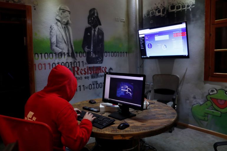 A man takes part in a training session at Cybergym, a cyber-warfare training facility backed by the Israel Electric Corporation, at their training center in Hadera, Israel July 8, 2019. REUTERS/Ronen Zvulun