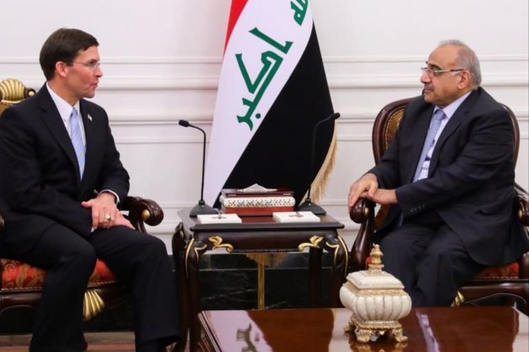 لقاء رئيس الوزراء عادل عبد المهدي مع وزير الدفاع الأميركي مارك إسبر في بغداد (الصحافة العراقية)