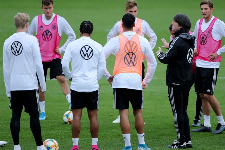 DORTMUND, GERMANY - OCTOBER 07: Head coach Joachim Loew of Germany speaks to his team a training session at BVB-Trainingsgelaende on October 07, 2019 in Dortmund, Germany. Germany will play against Argentina in an international friendly match on October 9, 2019 in Dortmund. (Photo by Christof Koepsel/Bongarts/Getty Images)