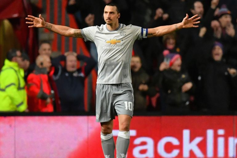 BRISTOL, ENGLAND - DECEMBER 20: Zlatan Ibrahimovic of Manchester United celebrates after scoring his sides first goal during the Carabao Cup Quarter-Final match between Bristol City and Manchester United at Ashton Gate on December 20, 2017 in Bristol, England. (Photo by Dan Mullan/Getty Images)