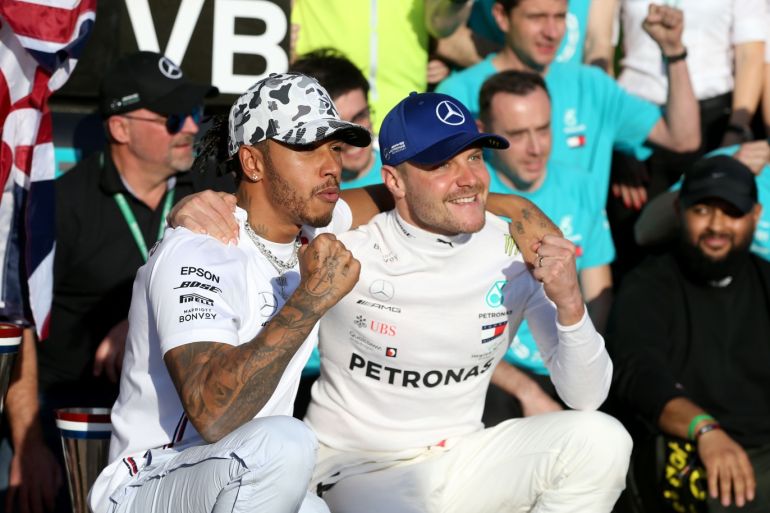 AUSTIN, TEXAS - NOVEMBER 03: 2019 Formula One World Drivers Champion Lewis Hamilton of Great Britain and Mercedes GP and race winner Valtteri Bottas of Finland and Mercedes GP celebrate after the F1 Grand Prix of USA at Circuit of The Americas on November 03, 2019 in Austin, Texas. Charles Coates/Getty Images/AFP== FOR NEWSPAPERS, INTERNET, TELCOS & TELEVISION USE ONLY ==