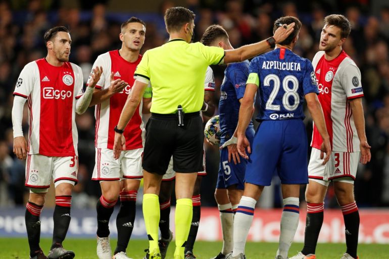 Soccer Football - Champions League - Group H - Chelsea v Ajax Amsterdam - Stamford Bridge, London, Britain - November 5, 2019 Ajax's Joel Veltman reacts after being shown a red card by referee Gianluca Rocchi Action Images via Reuters/John Sibley