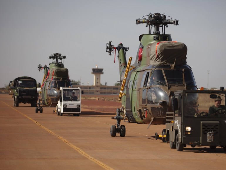 French helicopters arrive at an air base in Bamako, Mali January 16, 2013. French troops launched their first ground assault against Islamist rebels in Mali on Wednesday in a broadening of their operation against battle-hardened al Qaeda-linked fighters who have resisted six days of air strikes. REUTERS/Joe Penney (MALI - Tags: MILITARY POLITICS CONFLICT TRANSPORT)