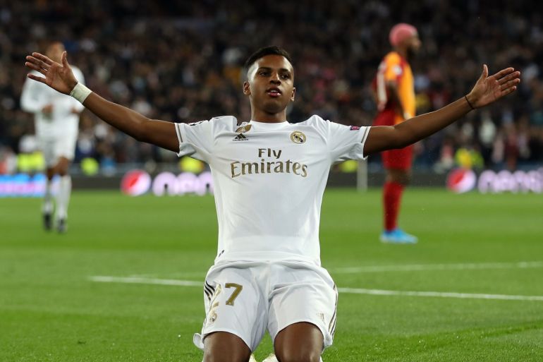 MADRID, SPAIN - NOVEMBER 06: Rodrygo of Real Madrid celebrates after scoring his team's first goal during the UEFA Champions League group A match between Real Madrid and Galatasaray at Bernabeu on November 06, 2019 in Madrid, Spain. (Photo by Angel Martinez/Getty Images)
