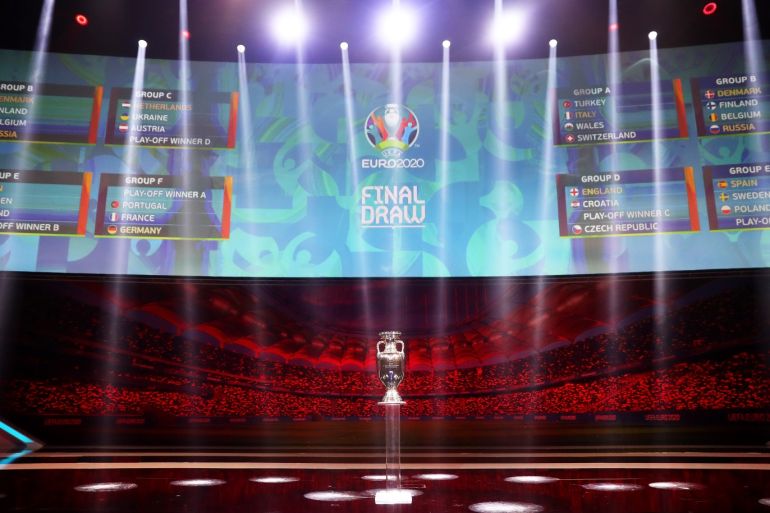 BUCHAREST, ROMANIA - NOVEMBER 30: The Henri Delaunay Trophy is seen on stage after the UEFA Euro 2020 Final Draw Ceremony at the Romexpo on November 30, 2019 in Bucharest, Romania. (Photo by Dean Mouhtaropoulos/Getty Images)