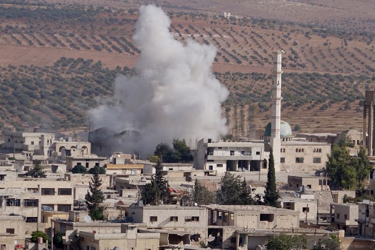 Airstrikes hit Syria's Idlib- - IDLIB, SYRIA - NOVEMBER 07: Smoke rises after airstrikes by warplanes of Russia hit areas within the de-escalation zone in Qefr Secne village of Idlib, Syria on November 07, 2019. Airstrikes left at least 1 dead.