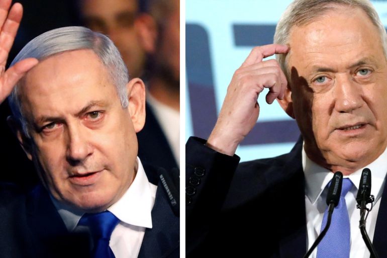 A combination picture shows Israeli Prime Minister Benjamin Netanyahu in Tel Aviv, Israel November 17, 2019, and leader of Blue and White party Benny Gantz in Tel Aviv, Israel November 20, 2019. REUTERS/Nir Elias, Amir Cohen