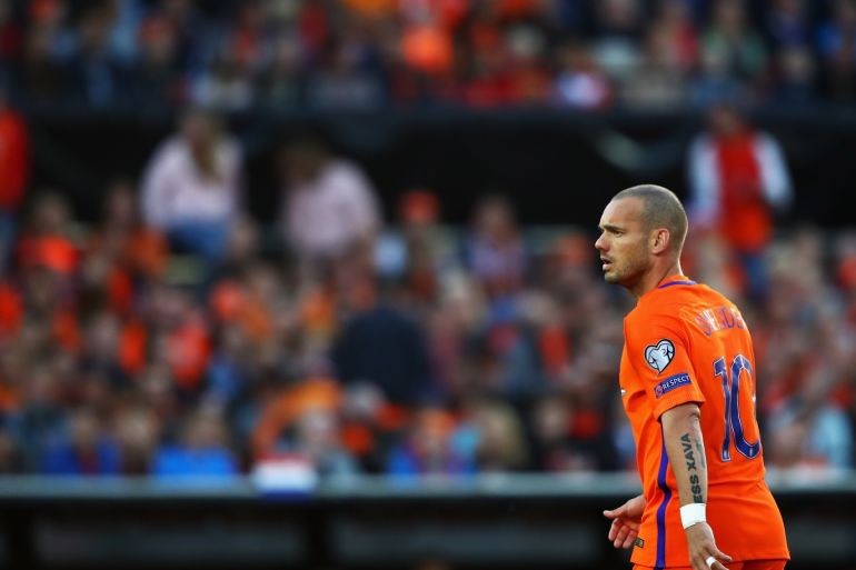 ROTTERDAM, NETHERLANDS - JUNE 09: Wesley Sneijder of the Netherlands in action during the FIFA 2018 World Cup Qualifier between the Netherlands and Luxembourg held at De Kuip or Stadion Feijenoord on June 9, 2017 in Rotterdam, Netherlands. (Photo by Dean Mouhtaropoulos/Getty Images)