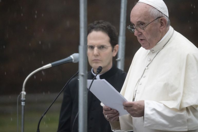 NAGASAKI, JAPAN - NOVEMBER 24: Pope Francis delivers a speech at the Atomic Bomb Hypocenter Park on November 24, 2019 in Nagasaki, Japan. Pope Francis is making only the second ever Papal visit to Japan and is scheduled to visit Hiroshima and Tokyo where he will meet with newly-enthroned Emperor Naruhito and Prime Minister Shinzō Abe and also hold Mass at Tokyo Dome after Nagasaki. (Photo by Tomohiro Ohsumi/Getty Images)