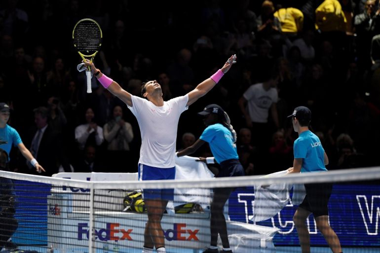 Tennis - ATP Finals - The O2, London, Britain - November 13, 2019 Spain's Rafael Nadal celebrates winning his group stage match against Russia's Daniil Medvedev Action Images via Reuters/Tony O'Brien