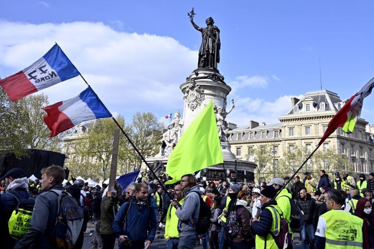 22nd yellow vest demonstration in Paris- - PARIS, FRANCE - APRIL 13: Yellow vests (Gilets jaunes) protesters gather on the Place de la Republique during the 'Act 22’ demonstration (the 22nd consecutive Saturday national protest) in Paris, France on April 13, 2019.