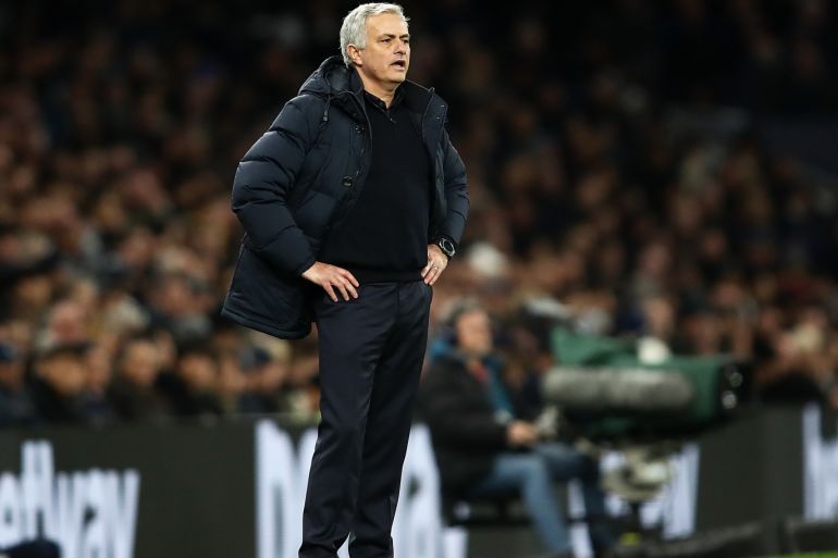 LONDON, ENGLAND - DECEMBER 22: Jose Mourinho of Tottenham reacts during the Premier League match between Tottenham Hotspur and Chelsea FC at Tottenham Hotspur Stadium on December 22, 2019 in London, United Kingdom. (Photo by Julian Finney/Getty Images)