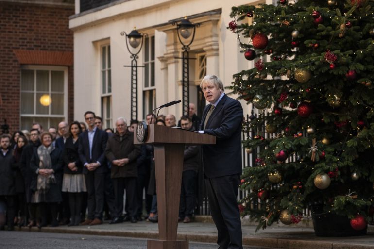 LONDON, ENGLAND - DECEMBER 13: Prime Minister Boris Johnson makes a statement in Downing Street after receiving permission to form the next government during an audience with Queen Elizabeth II at Buckingham Palace earlier today, on December 13, 2019 in London, England. The Conservative Party have realised a decisive win in the UK General Election. With one seat left to declare they have won 364 of the 650 seats available. Prime Minister Boris Johnson called the first U
